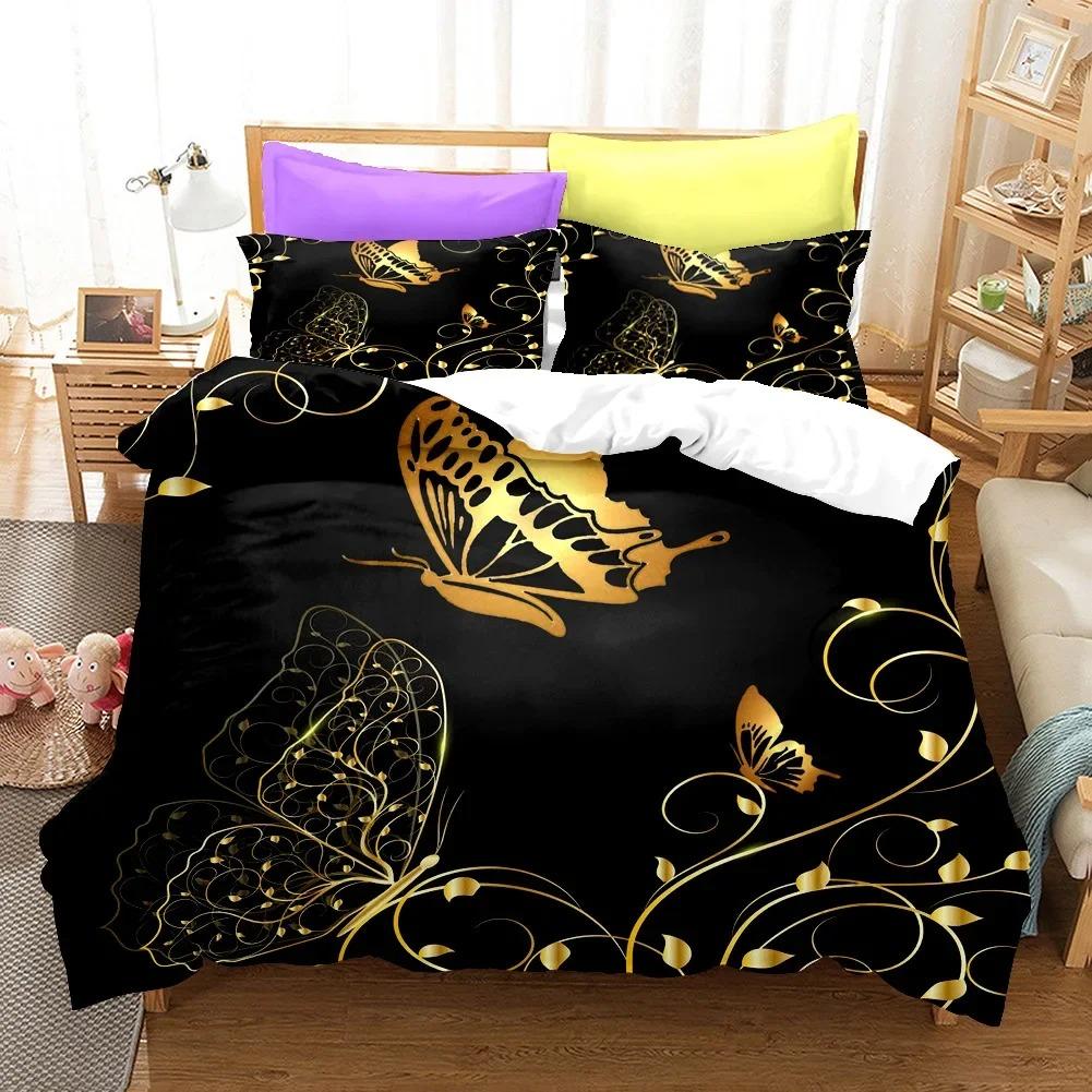 Golden Butterfly Påslakanset KingQueen Storlek, Vackert Blått Fjäril Sängkläder Set Kvinnor Insekt Polyester Täcke Överdrag