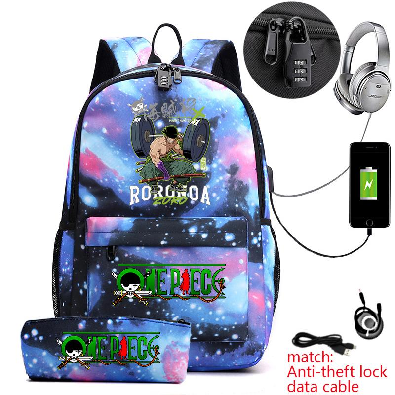 One Piece Zoro Print Anti Theft School Backpack Student Bookbag with Pen Case for Kids Teens