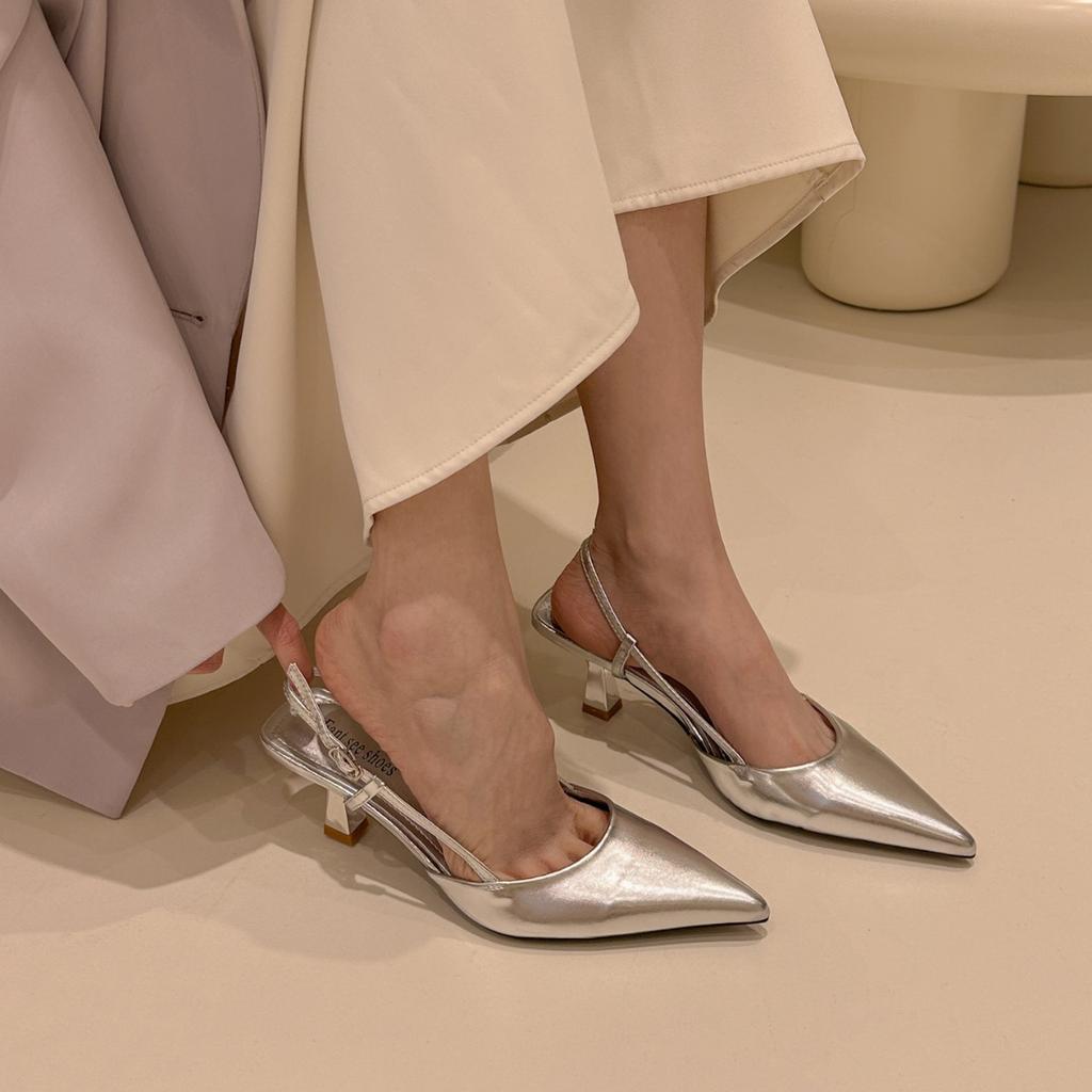 Falling into the galaxy, silver pointed high-heeled sandals women's 2024 thin-heeled half-bag head and empty single shoes