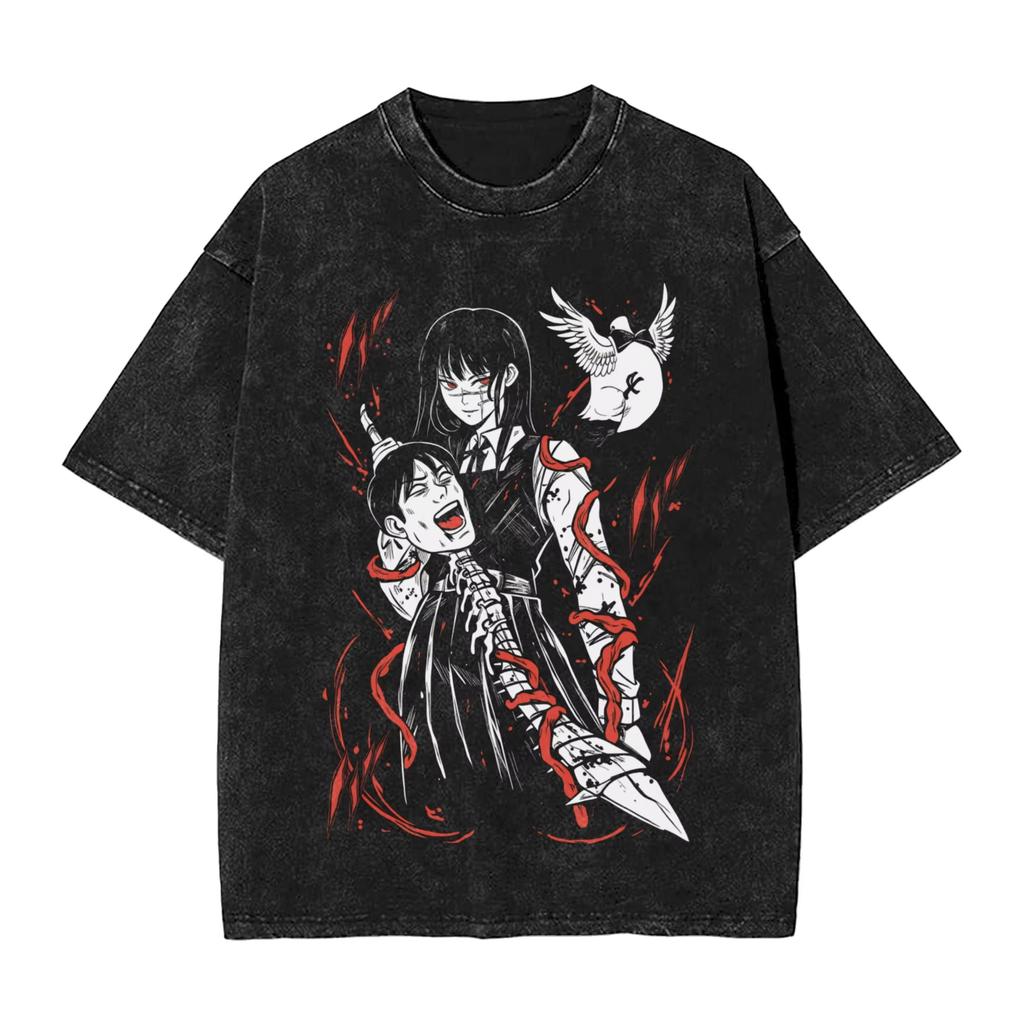 2026 Summer Chainsaw Man Yoru War Devil Washed Anime T-shirt Harajuku Streetwear Oversized Short Sleeve Daily Wear Cool Top
