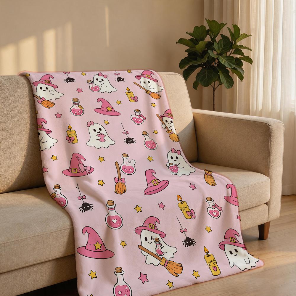 PinkHalloweenGhost Throw Short Plush Throw Blanket Soft Skin-Friendly Multi-Scene Home Office