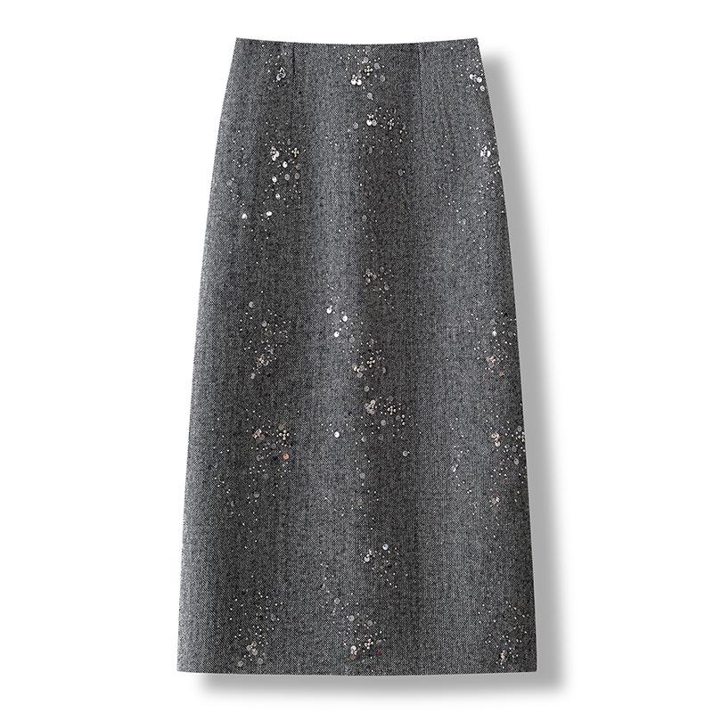 Sequined Woolen High-Waist Straight Skirt for Women