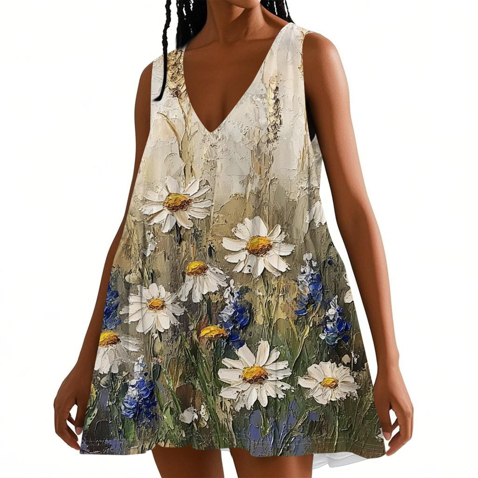 

Женское весенне-летнее повседневное платье без рукавов с V-образным вырезом и цветочным принтом L бежевый