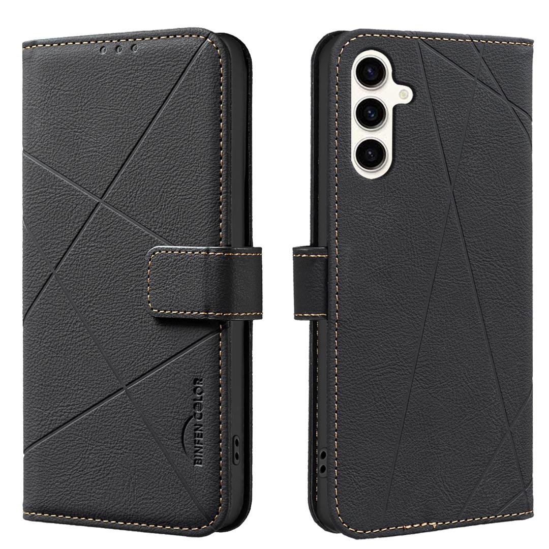 

For Samsung Galaxy A36 5G Case BINFEN COLOR BF35 Geometry Imprinted Leather Phone Cover RFID Blocking Wallet Stand Black