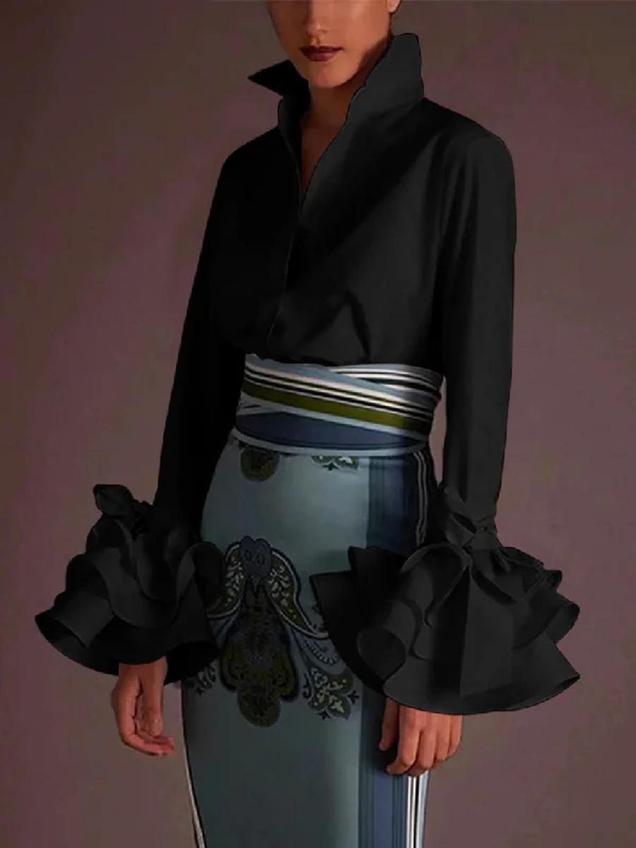 

Осінь Нова жіноча однотонна приталена блуза-топ з рюшами на рукавах XXL чорний