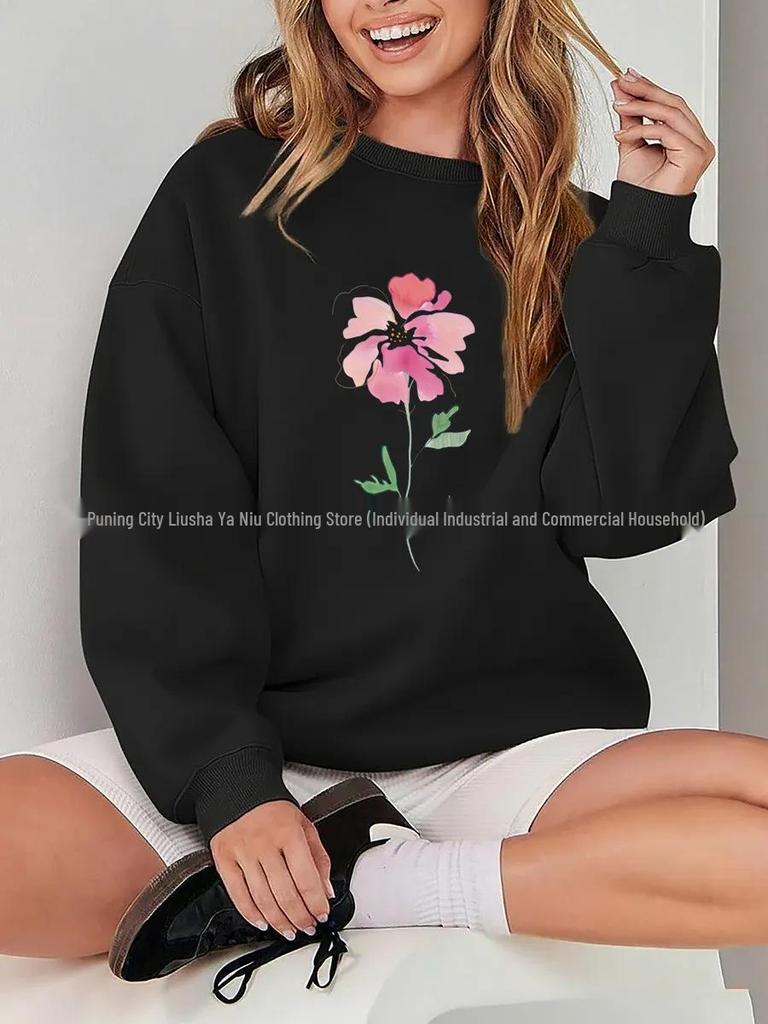 European & American Style Floral Print Thickened Hip Hop Sweatshirt for Women - Autumn/Winter Round Neck Comfy Fashion