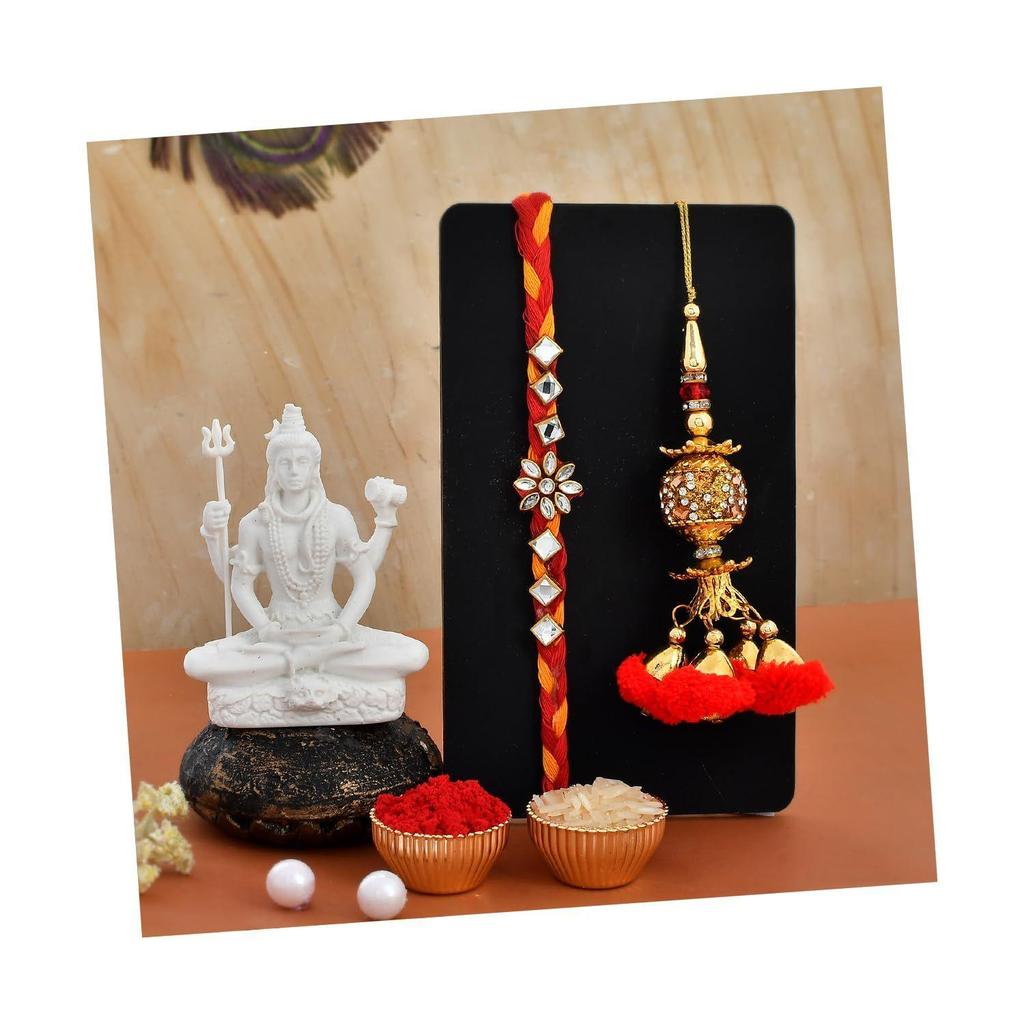 Rakhi for Brother with Shiv Shiva Idol Showpiece-Rakhi Gift for Brother Bhaiya Bhabhi-Combo of 5 ( 1 Shiva Idol, 2 Rakhi, Roli Tikka, Greeting Card)