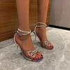 2023 Large Size Women's Roman Square Toe Sandals with Rhinestone Bow and Wine Glass Heel, Sizes 35-43