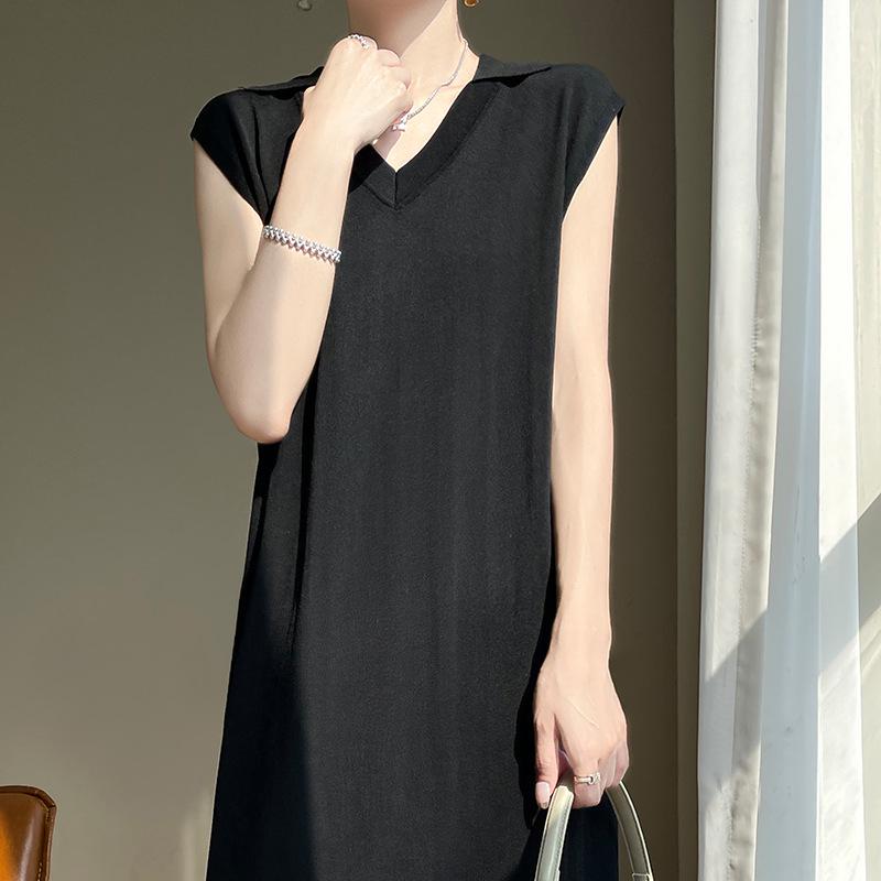 

Летнее платье-свитер без рукавов в французском стиле, свободного кроя, с бисерным лацканом XXL чёрный