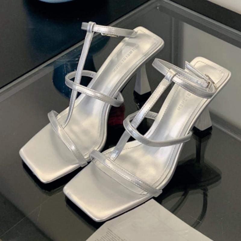 

Summer 2025 Narrow Strap Buckle Designer Sandals Women Sexy Square Toe Open Toe Thin Heel Pumps Casual Beach Brand Slides Female 39 серебряный