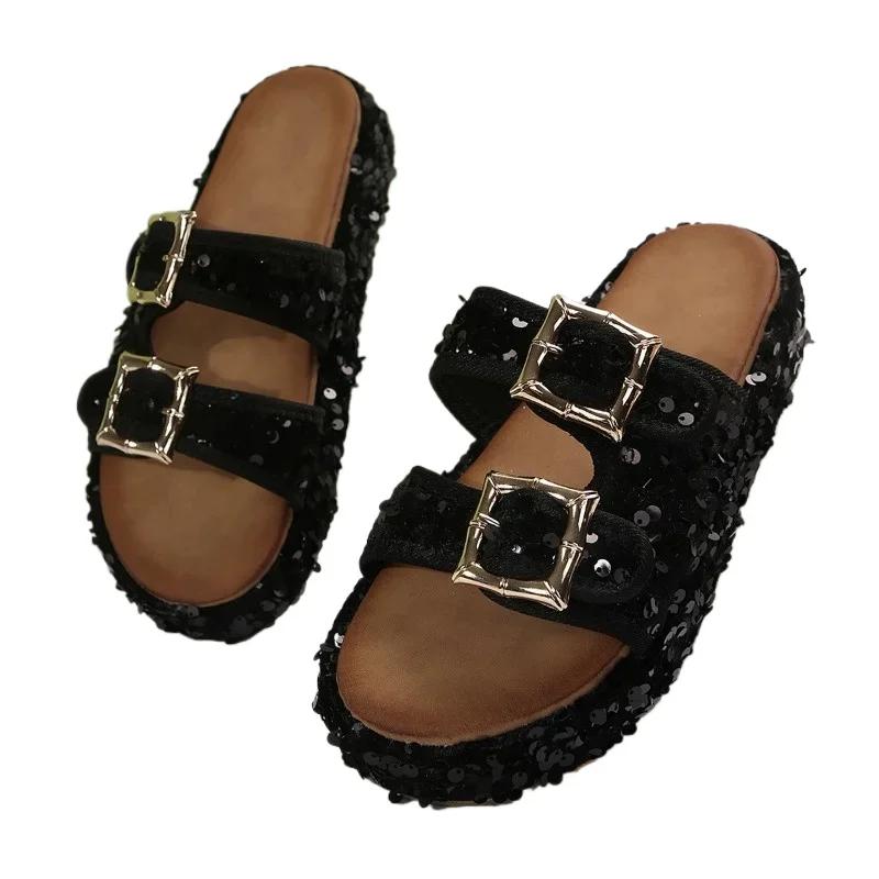 Women's Slippers 2024 Brand Plus Size Fashionable Sequin Flat Shoes New Belt Buckle Exposed Toe Outdoor Casual Women's Slippers