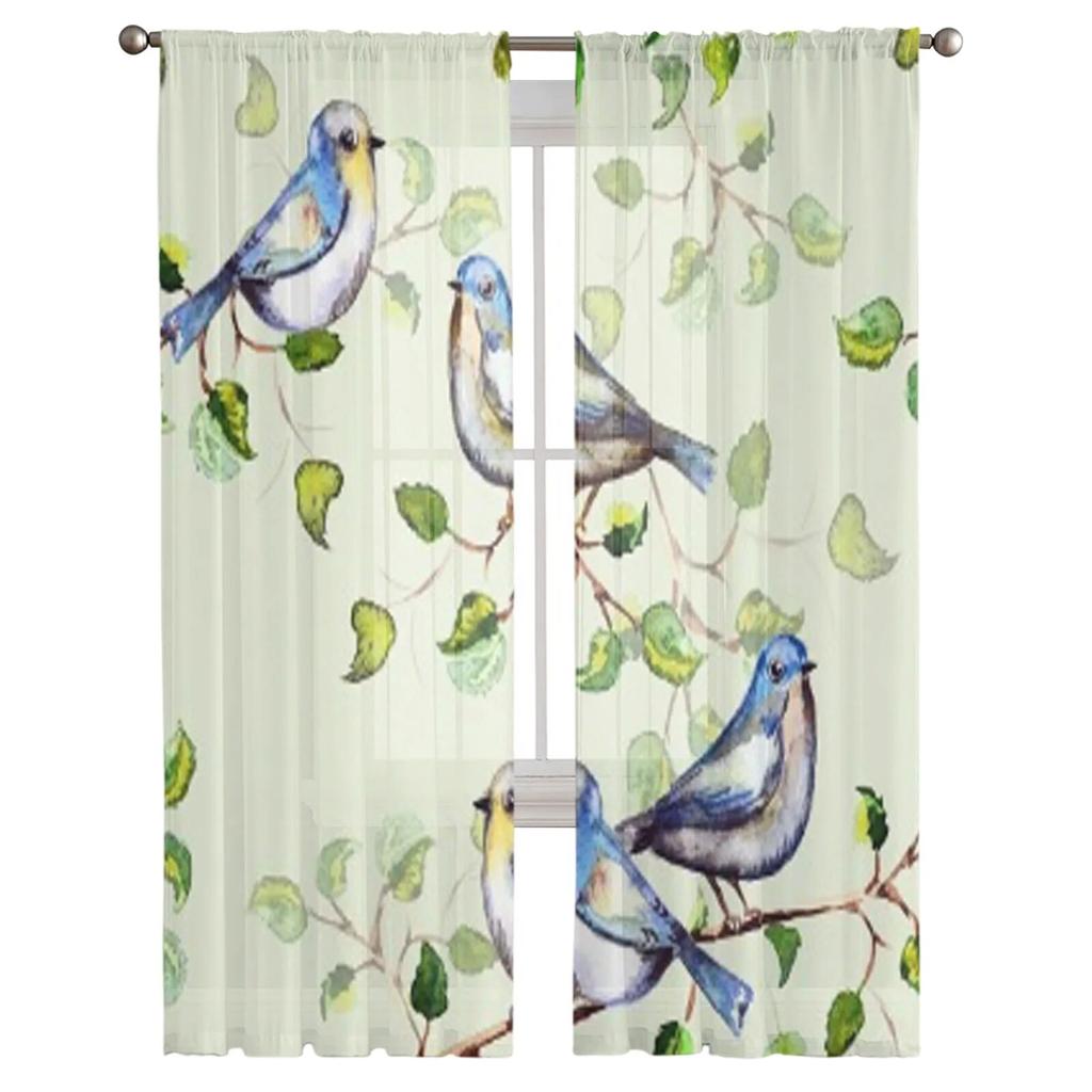 Watercolor Leaves and Birds Window Curtains Sheer Chiffon Tulle Curtain Home Living Room Backdrop Decoration