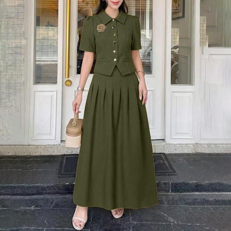 

ZANZEA Women Short Sleeve Blouse and Long Skirts Summer Two Piece Suit Sets 2XL темно-зелений колір