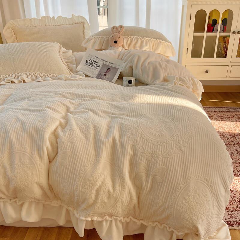 OEING Milk Velvet Ruffle Princess Bow Bedding Set