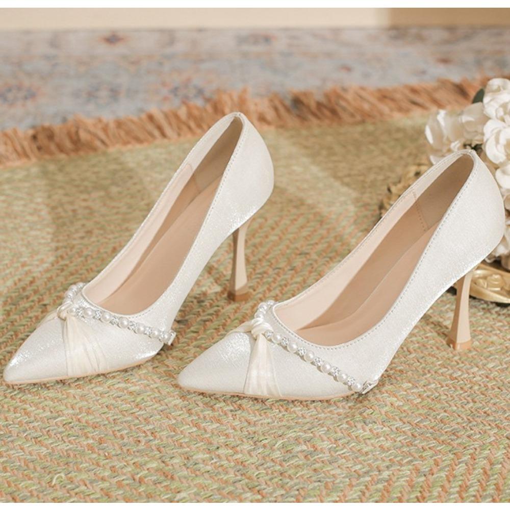 Pointed Stiletto High Heels Women Autumn and Summer New Satin Pearl Pumps Women's Small Size Light Mouth Shoes High Heel Pumps