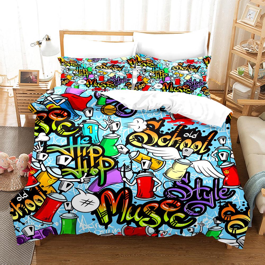 Cartoon Style Hip-hop Doodle 3D Printed Duvet Style Pillowcase Bedding Set Teenager Bedroom Decor Bed Set