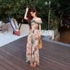 French retro style printed one-word shoulder dress summer off-the-shoulder coffee break dress slim-fitting waist A-word long dress