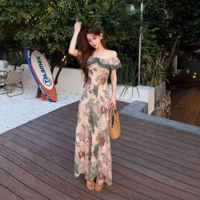 French retro style printed one-word shoulder dress summer off-the-shoulder coffee break dress slim-fitting waist A-word long dress