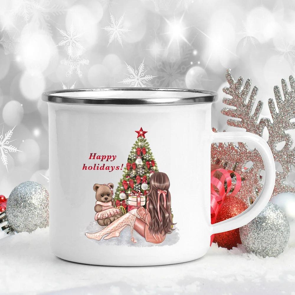 Happy Holidays! Printed Mugs Enamel Handle Drink Beer Juice Cups Girl Christmas Tree Coffee Cup Xmas Eve Gift For Lover  Friend