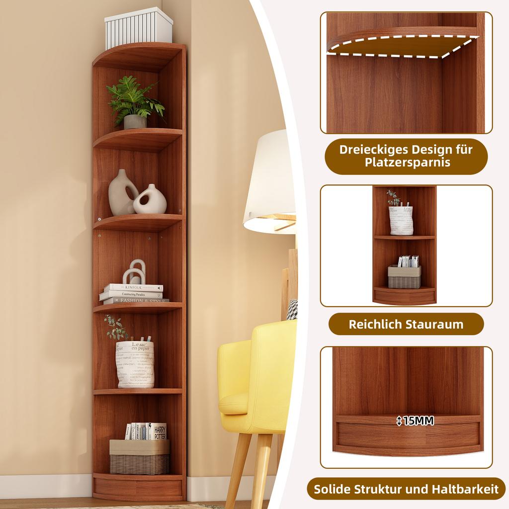 42*30*180 cm, Corner Bookshelf, Shelf, Storage Shelf, MDF Material, Five-Layer Shelf, Simple Shape, Strong Load Capacity, Walnut Wood Color.
