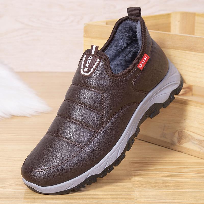 

Модные мужские зимние хлопковые туфли из кожи, повседневные, из искусственной кожи, теплые, удобные, с плоской подошвой, противоскользящие, износостойкие, плюшевые, хлопковые туфли для улицы, Zapatos 40 темно-коричневого