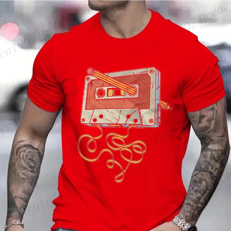 Men's Vintage Cassette Tape with Pencil T-shirt Shirts for Guys Funny Graphic Tees Birthday Clothes Fashion Casual Men's Tees