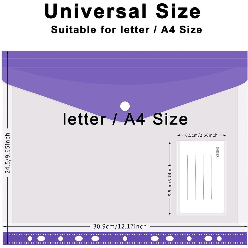 12pcs A4 Binder Pocket Plastic Envelopes Binder Folders, 11 Holes Expandable Binder Folders Document Pouch with Snap Button & Label Loose-Leaf