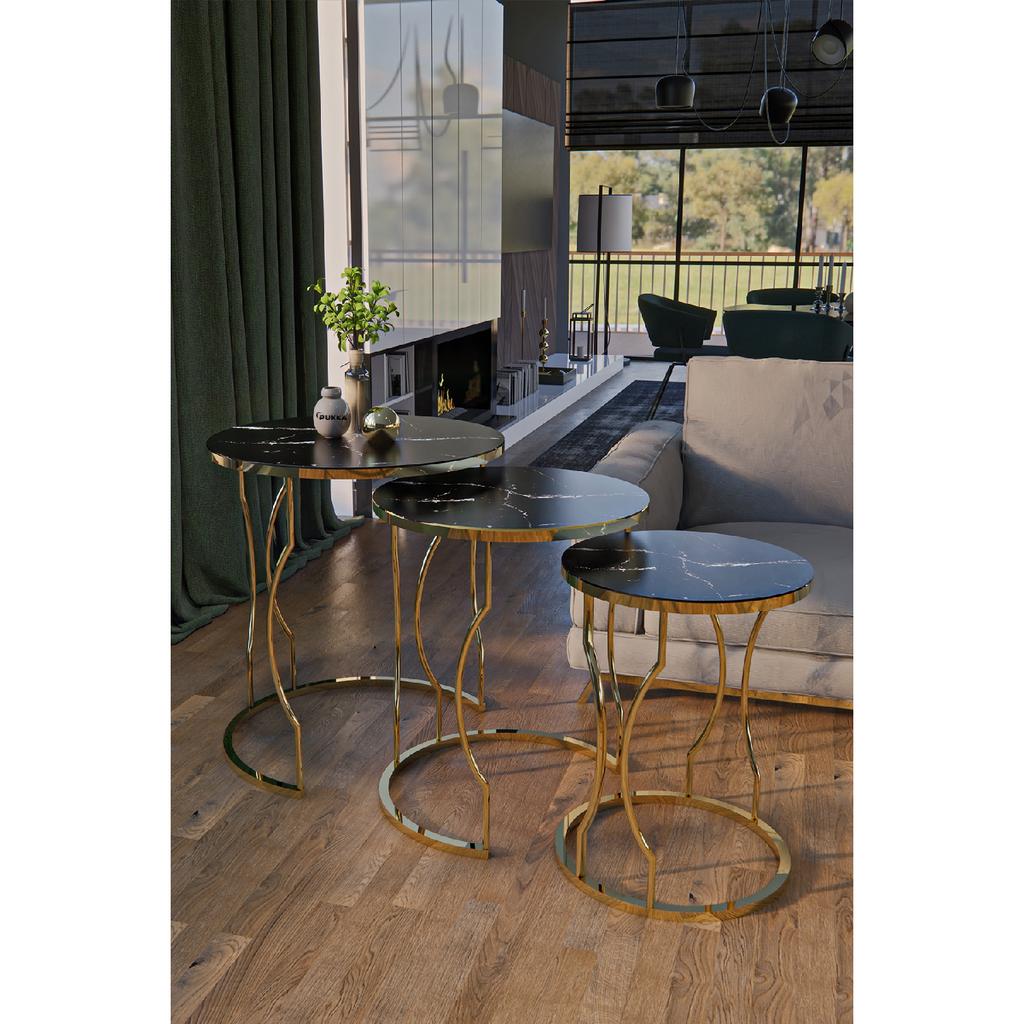Rya 3-seat Nesting Coffee Table Gold Color Metal Leg, Marble Patterned Shatterproof Glass