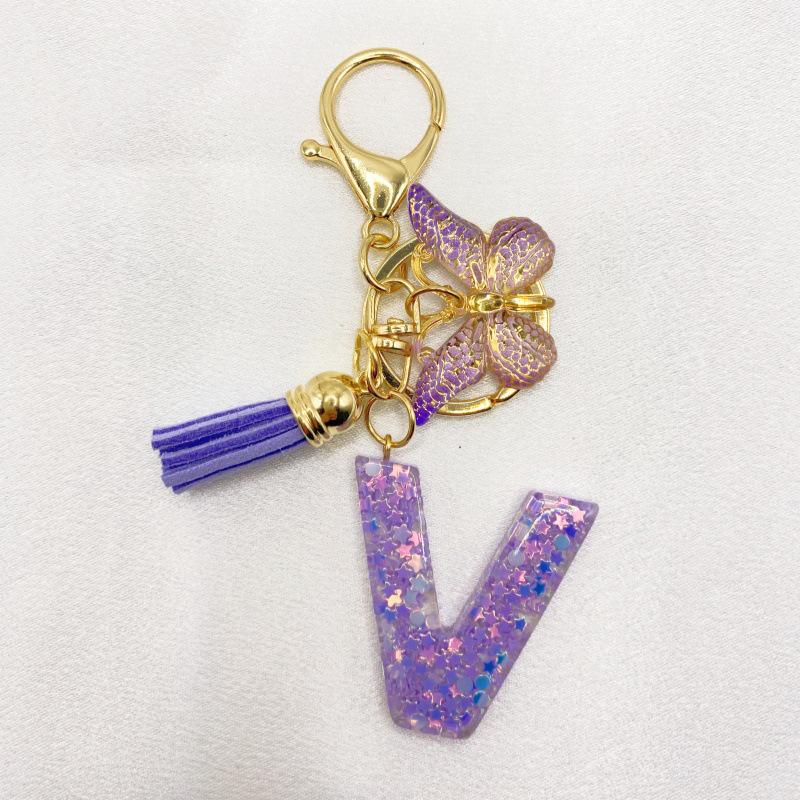 26-Letter Alphabet Resin Keychain with Star Sequins & Tassel Charm