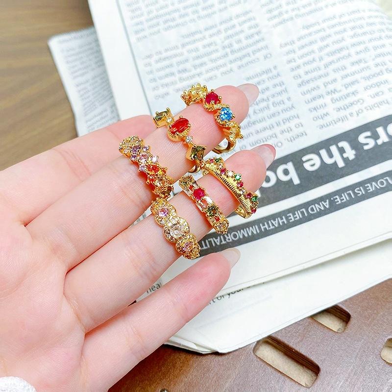 Medieval Vintag Dopamine Color Full Diamond Zir*****Pen Ring Niche Light Luxury High Sense Stacked Ring Woman