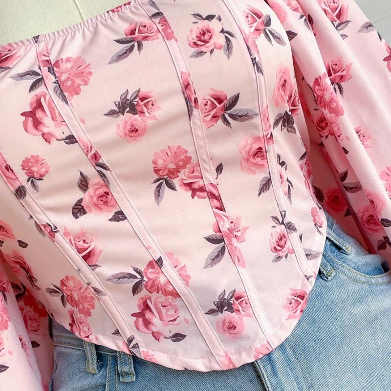 Haut Court Imprimé, Haut Plissé en Mousseline de Soie à Col Carré pour Femme Hot Girl