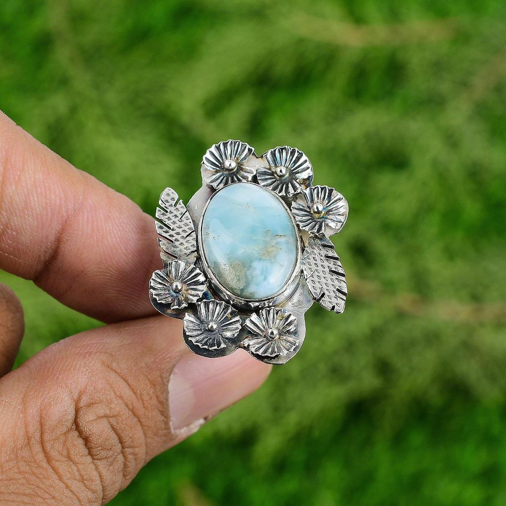 Natural Larimar Gemstone Stackable Flower Adjustable Ring 925 Silver For Women