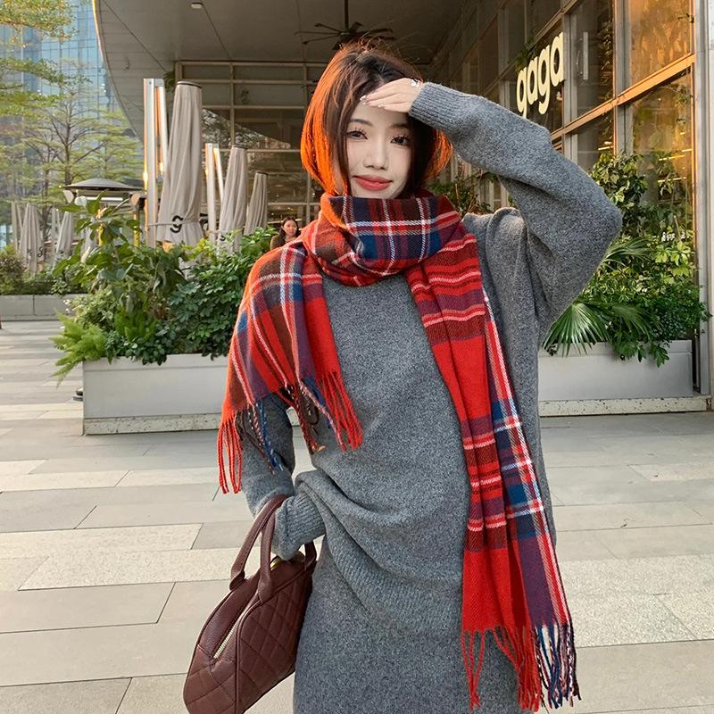 Korean Christmas Red Plaid Scarf Female Winter Warm Retro High-end New Year's Gift Scarf Shawl Student