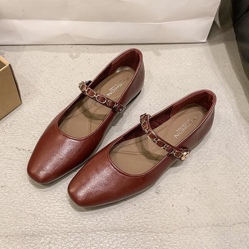 Retro flat-soled small square head shoes autumn new buckle small leather shoes women's temperament single shoes