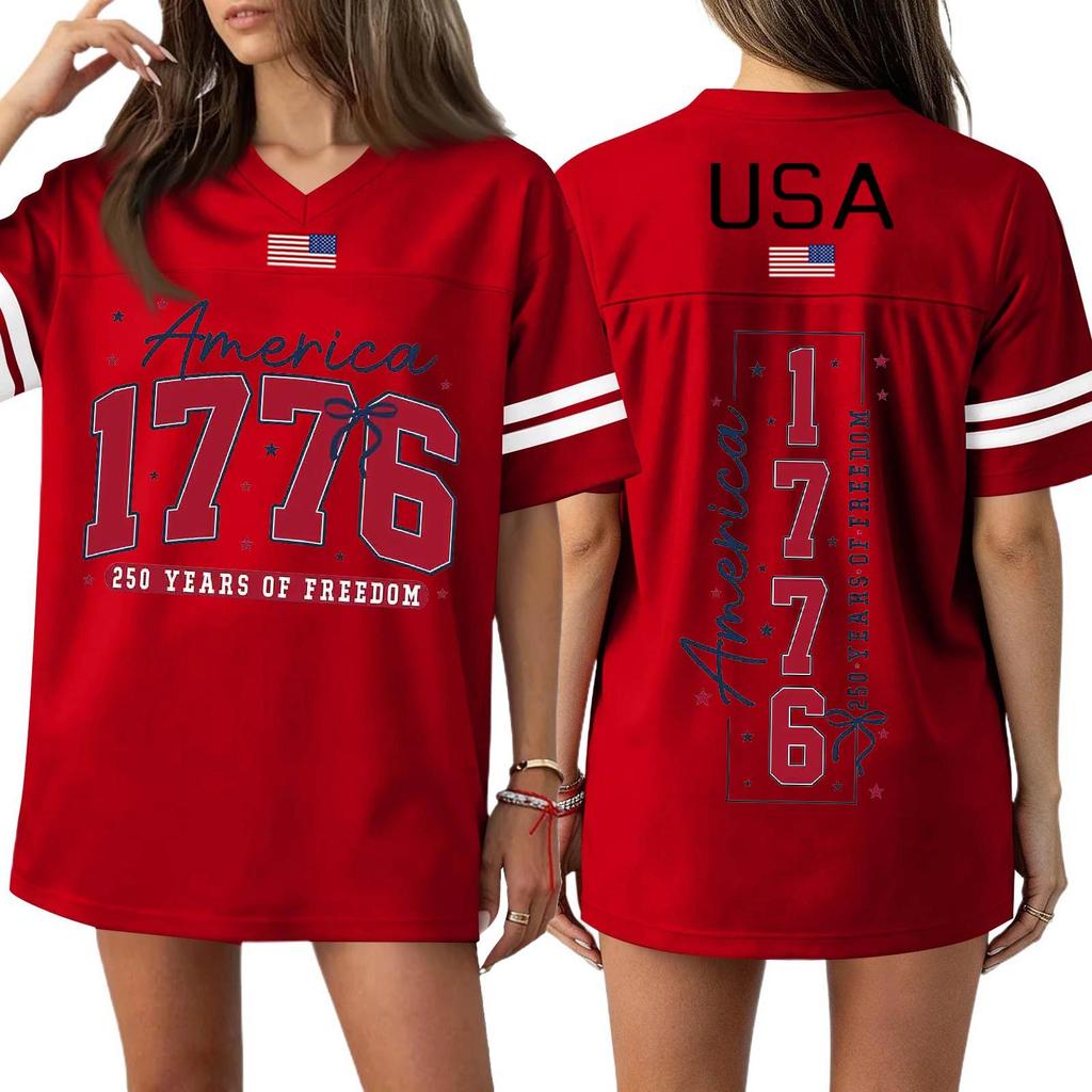 Women's Casual Fashion V-Neck Sports Independence Day Print Short Sleeve Sports T-Shirt Top