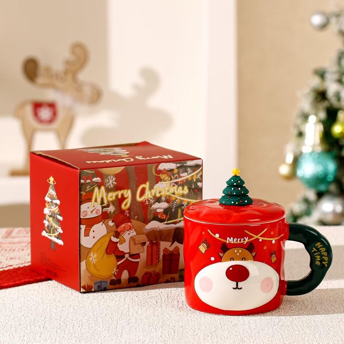 Creative Christmas Mug with Lid Ceramic Cup Christmas Gift Cup Gift Set Water Cup Gift 301-400ml