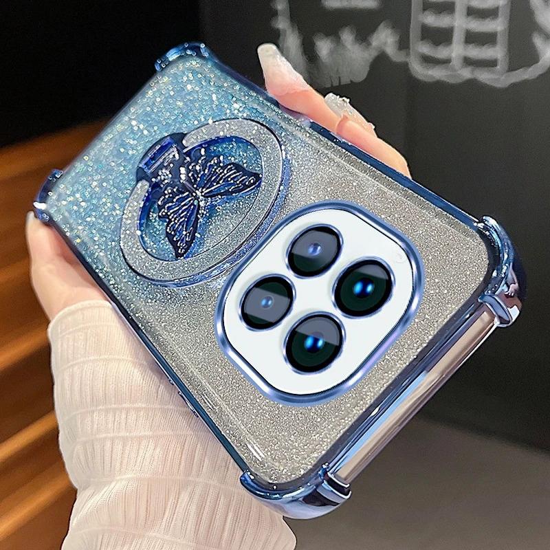 

Чехол силиконовый с блестками и бабочкой-подставкой с градиентным покрытием для Xiaomi Redmi Note 14 Pro Plus, противоударный чехол для Mi Poco X7 Poco X7 Pro синий