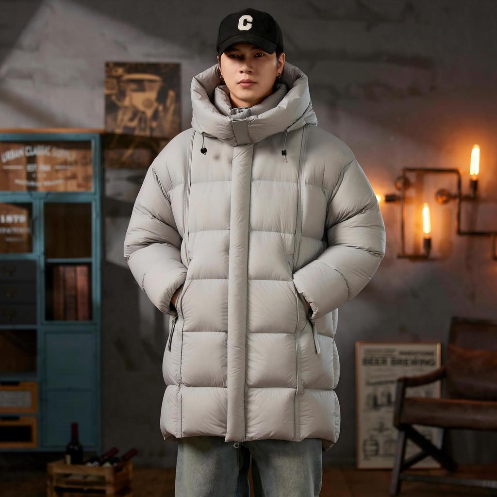 Men's Trendy Winter Hooded Down Jacket: Warm, Thickened, Mid-Length Coat with Stand Collar.