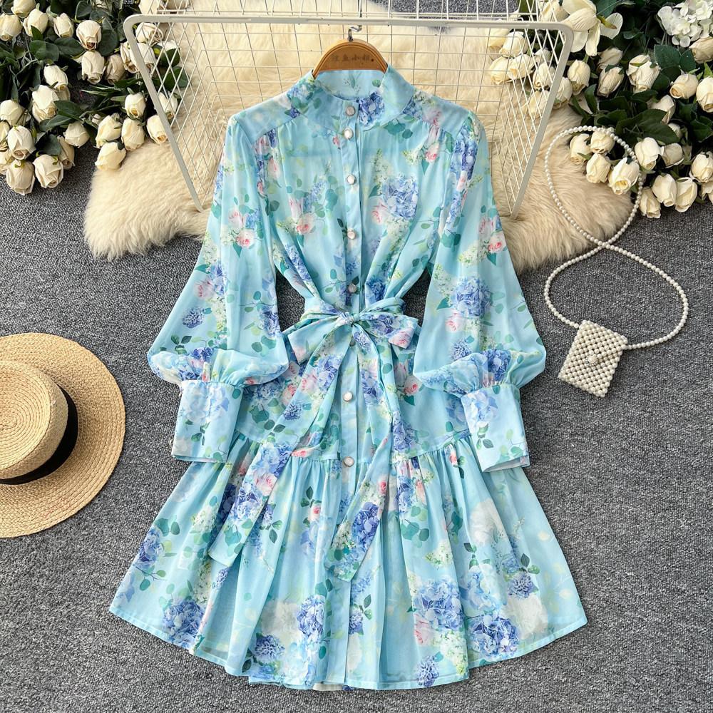 French style stand-up collar lantern sleeve printed dress women's summer waist thin ruffle A-shaped skirt
