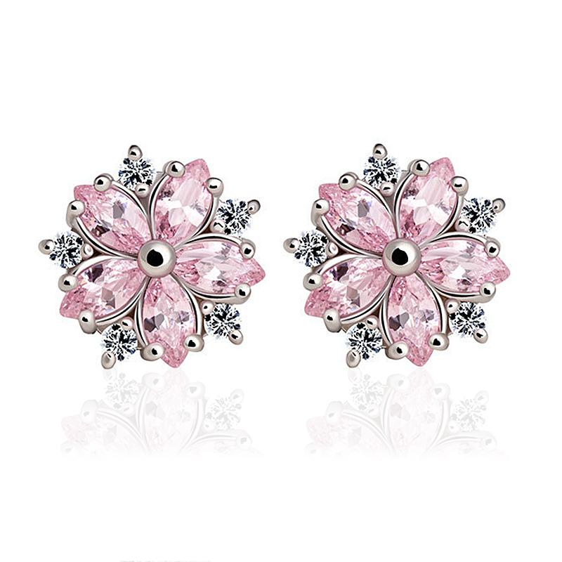 

925 Sterling Silver Snowflake Pink Quartz Earrings for Women 925 Silver Jewelry Cute Stud Earring Engagement Party Jewellery рожевий