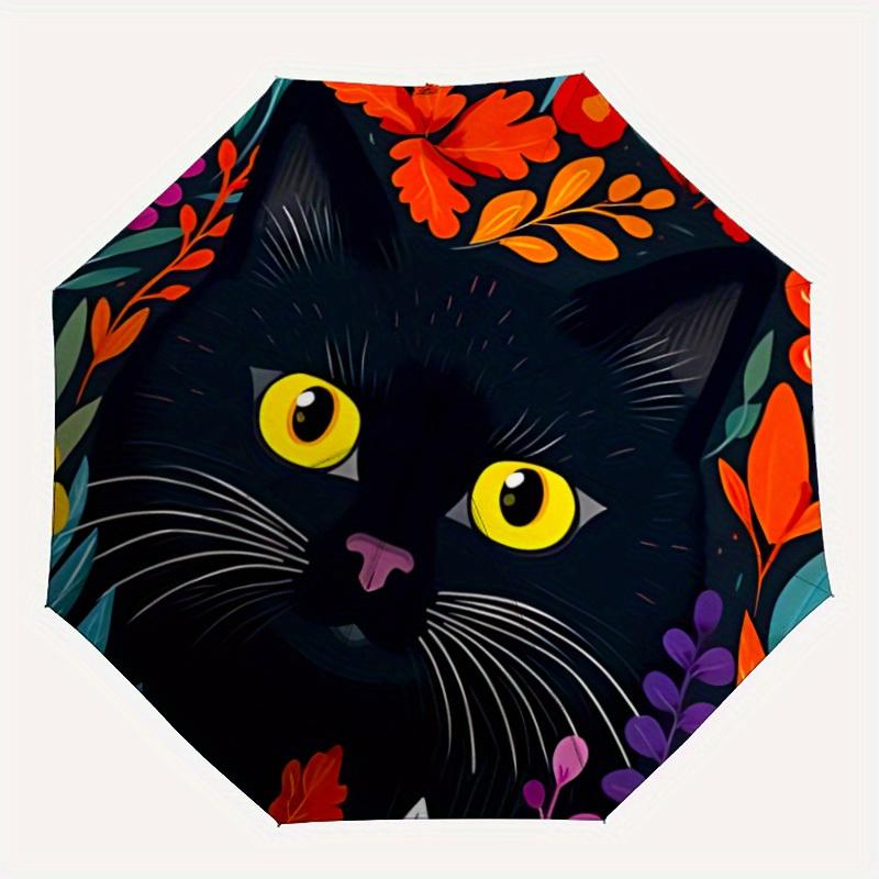 1pc Black Cat Illustration Automatic Folding Umbrella - 8-Rib Iron Frame, Windproof, Portable Sunshade with Plastic Handle for Travel & Outd