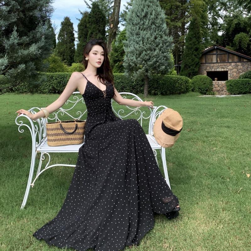 French High-end Black Polka-dot Collar Suspender Dress Women's Waist and Thin Seaside Vacation Sexy Word Long Dress