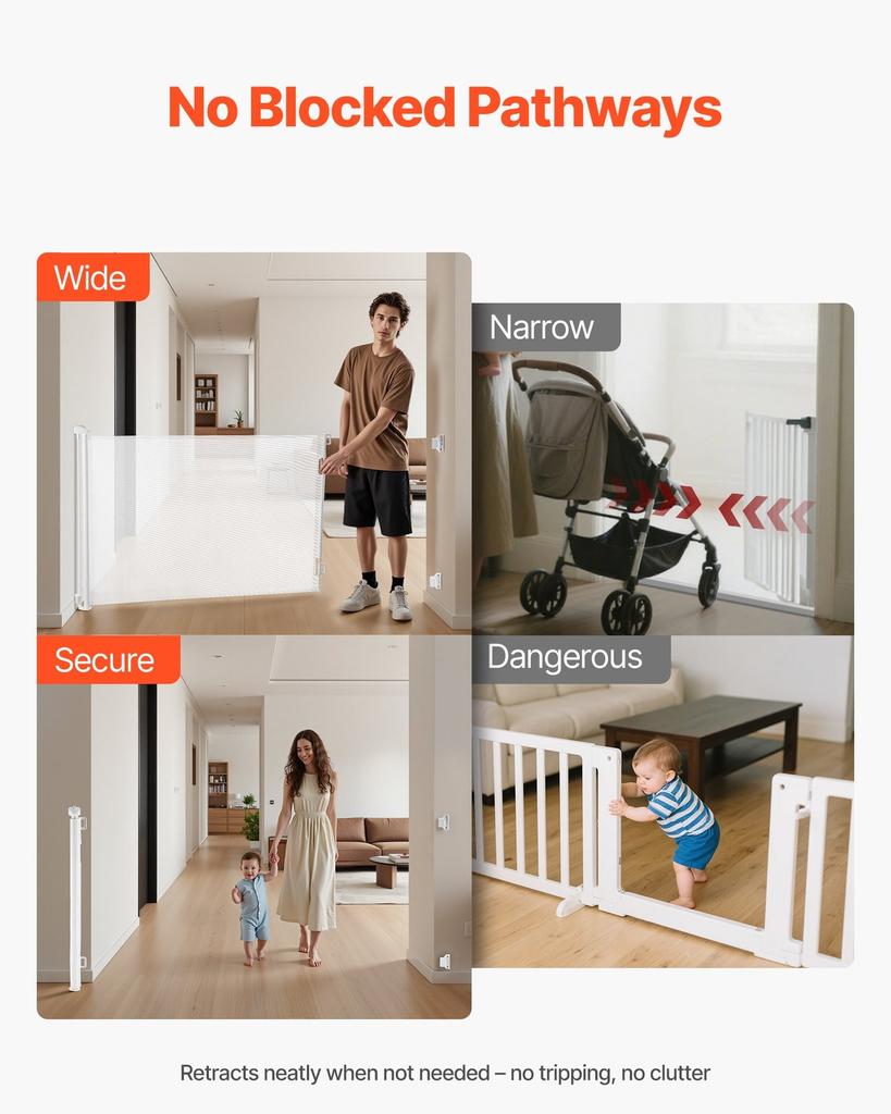 Retractable Baby Gate, Extends To 1850 Mm Wide, 795 Mm Tall, with Security Lock, Easy To Use, Walk Through Without Tripping, Mesh Dog Gate for Stairs,