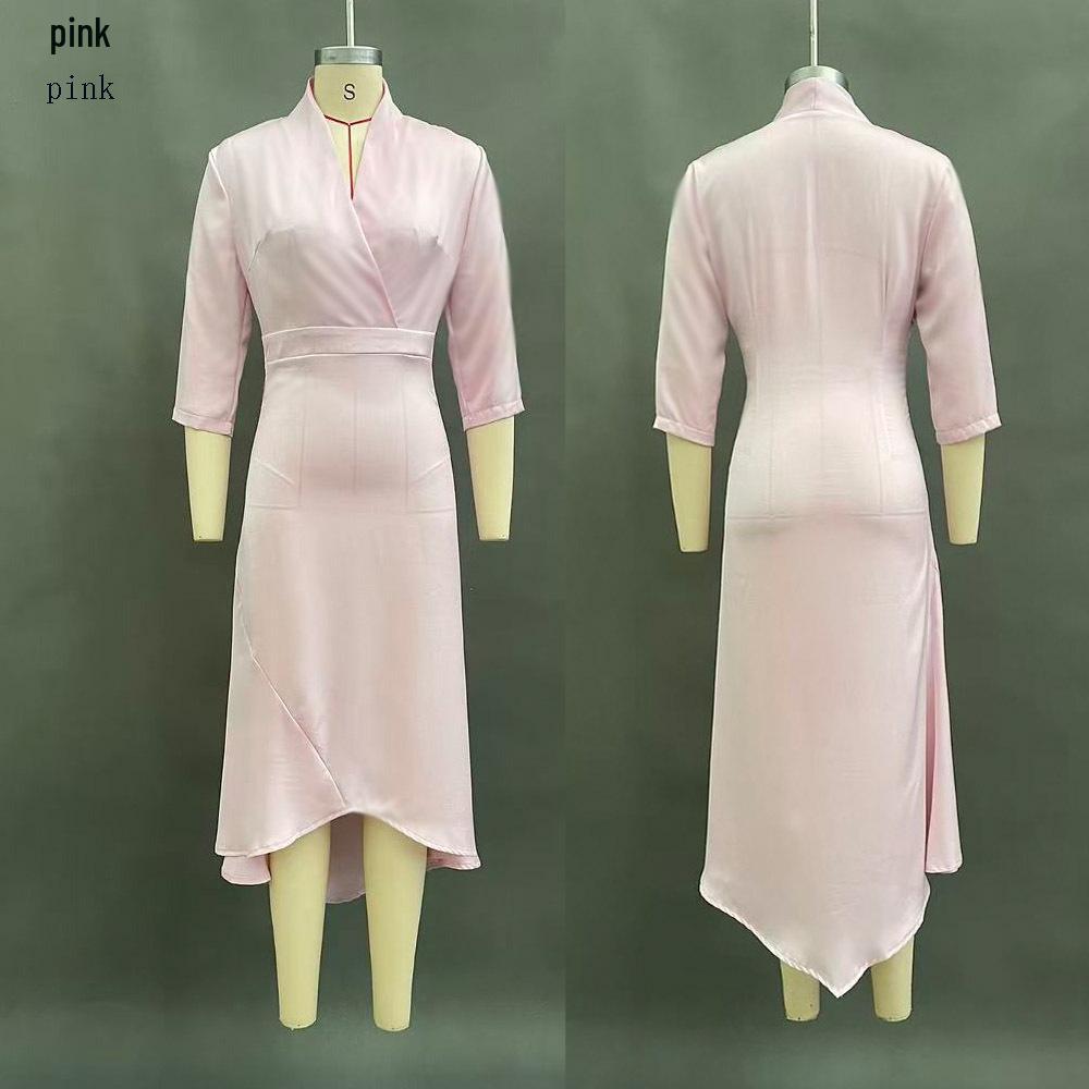 Elegant Satin V-Neck Irregular Dress (Autumn 2025 Collection) - European and American Style with Long Sleeves and Pure Color Design Large