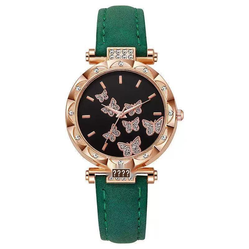 Douyin Fashion Seven-Butterfly Diamond Women's Leather Strap Watch