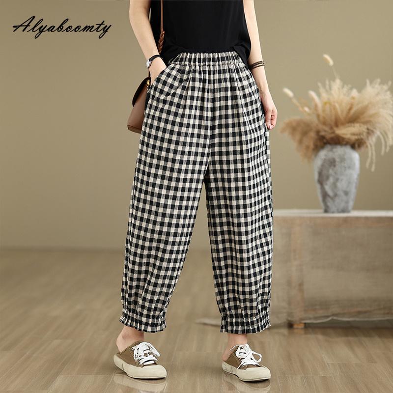 Pantaloni Harem Donna Stile Coreano Primavera Estate Vita Elastica Cotone a Quadri Sottili Pantaloni Casual Larghi Vintage Pantaloni Basic da Donna