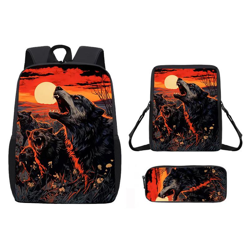 Pattern Animal Wolf Backpack Kids Shoulder Bag Pencil Case Student Use School