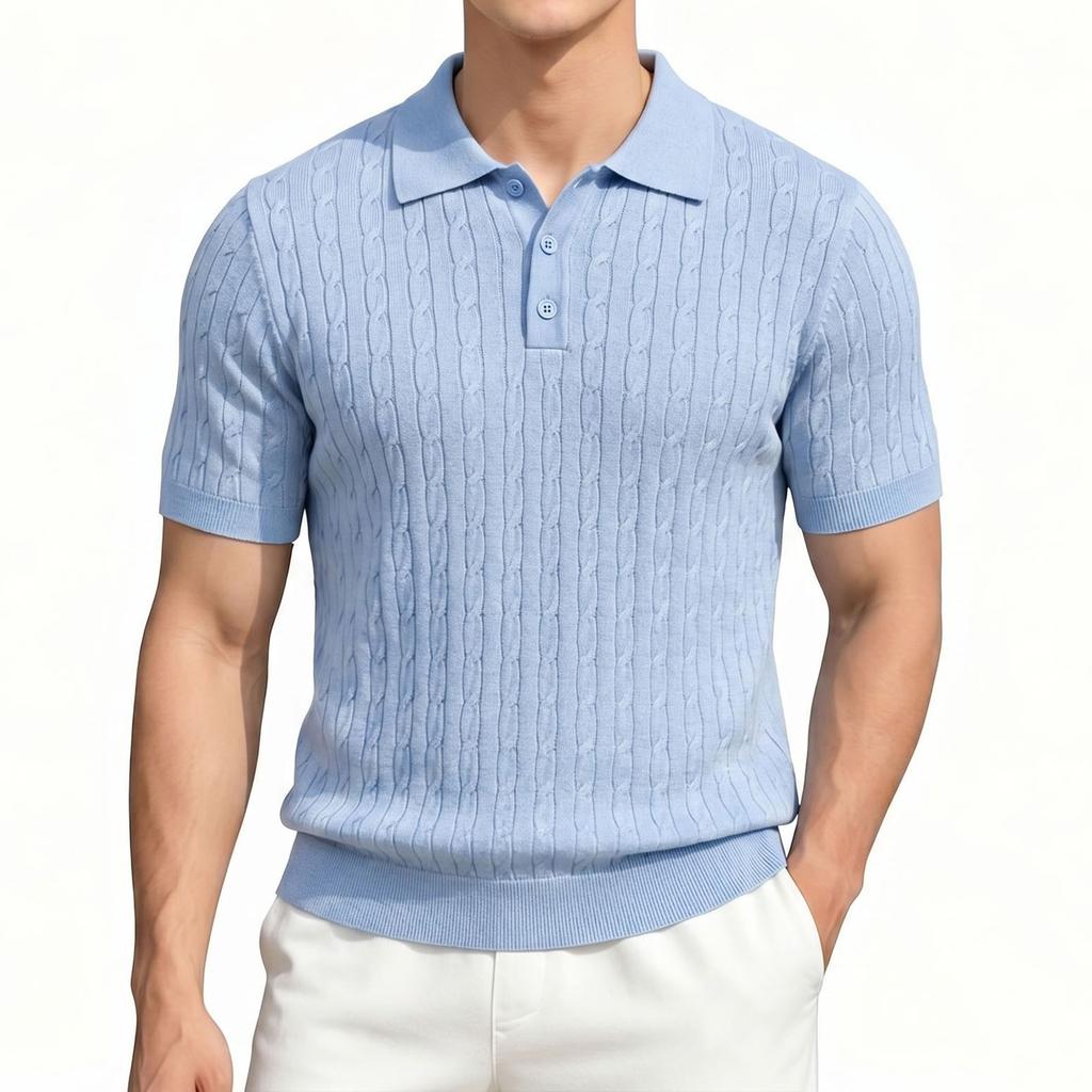 Men's Short Sleeve Polo Shirt Cable Knit Pattern Casual Lightweight Breathable Summer Top Buttoned Neckline