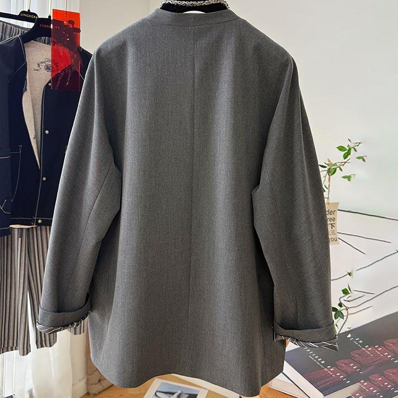 Blazer Coat for Women Cotton Autumn Winter Thickened Casual Oversize Striped Lined V-Neck Blazer Jacket