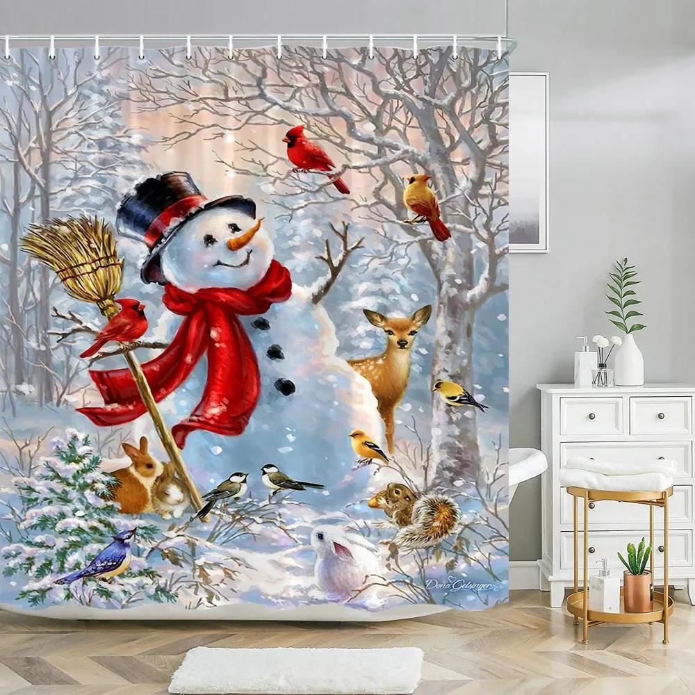 Xmas Decorative Shower Curtains Fireplace Christmas Tree Winter New Year Gift Bathroom Decor Fabric Bath Curtian Hanging